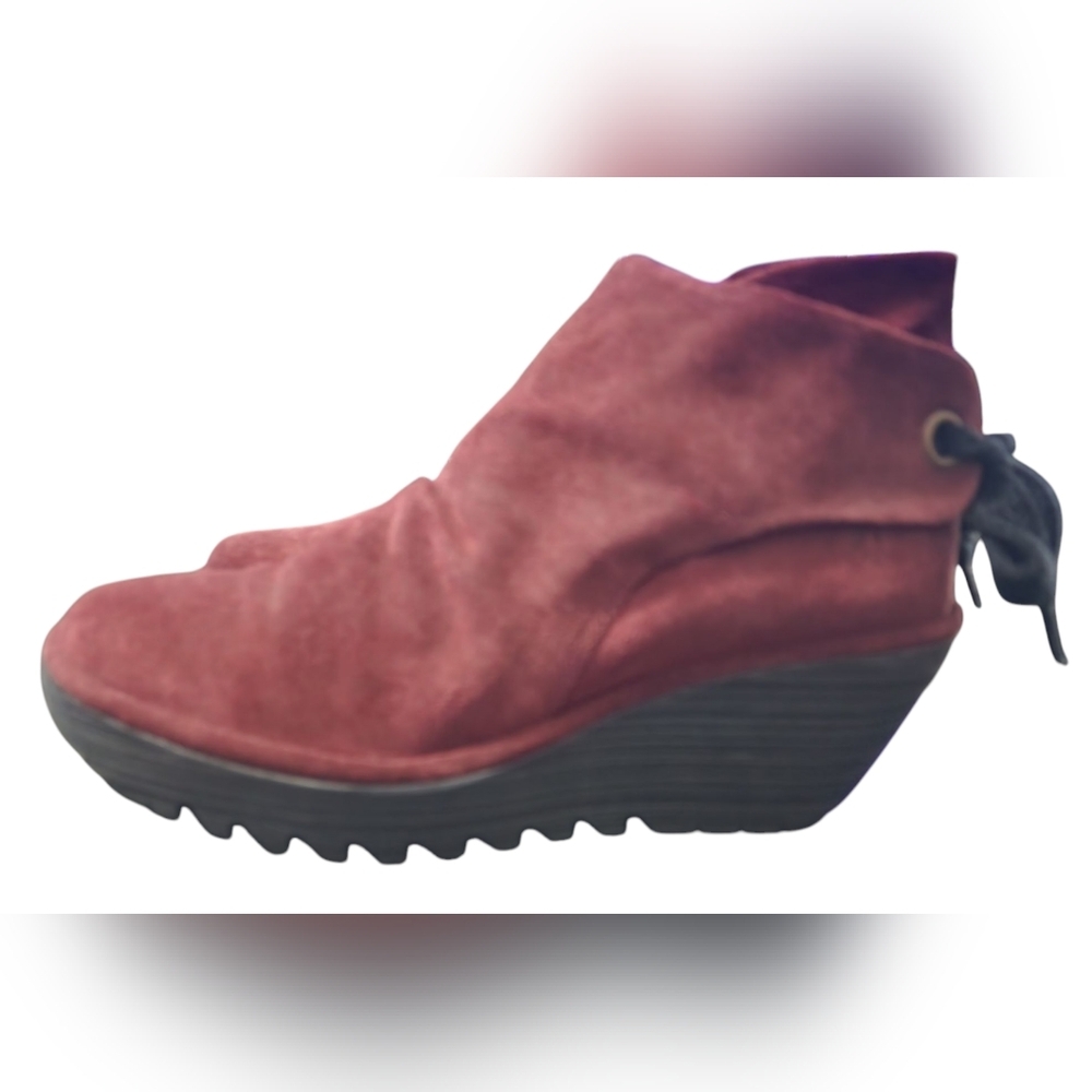 FLY London YEBI Wedge Heel Ankle Boots - Wine Oil Suede, Womens 40 EU (9-9.5 US) - Picture 2 of 12